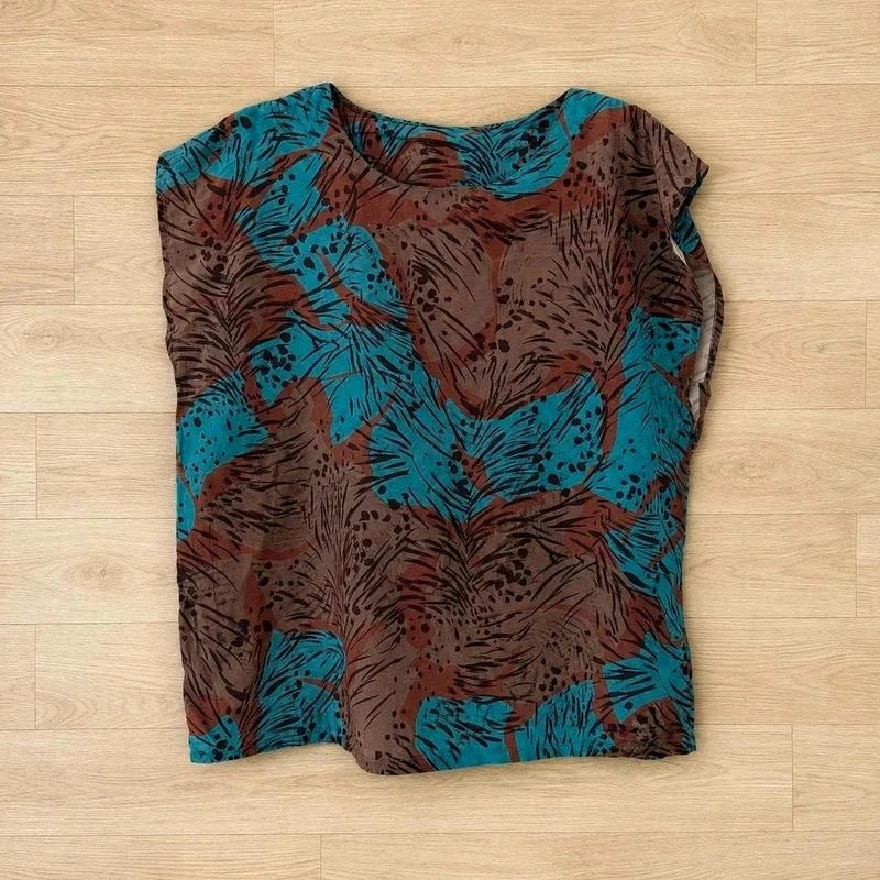 🌿 Top femme sans marque manches courtes Taille 2 imprimé tropical feuillage boh